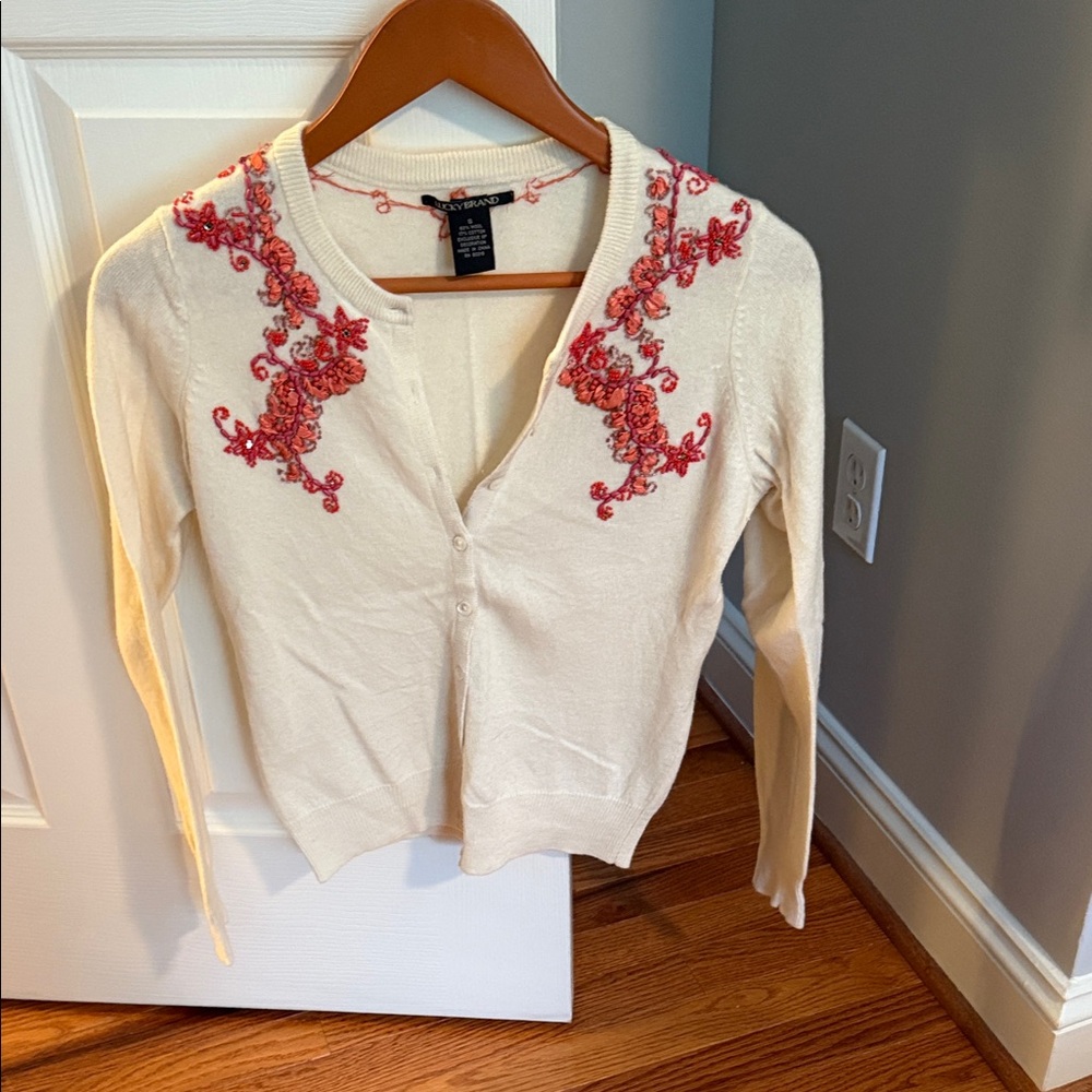 Lucky Brand Cream Cardigan with Red Embroidery
